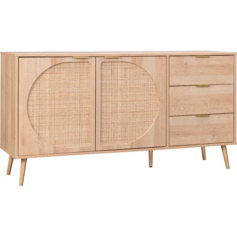 Buffet de rangement. Eva. décor bois et cannage arrondi. 2 portes 3 tiroirs. buffet bas. L 150 x l 39 x H 79cm