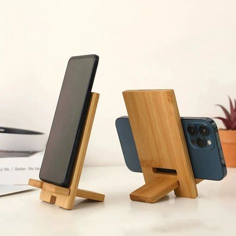 Ensemble de 2 supports de téléphone en bambou, support de téléphone en bois, support de tablette avec port de chargement, support de téléphone portable, organiseur de bureau, compatible avec téléphone (1/2)