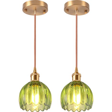 2PCS Glass Pendant Light Vintage Interior Ceiling Light Retro Pendant Lights Modern Glass Pendant Light For Bedroom, Living Room, Hallway Green