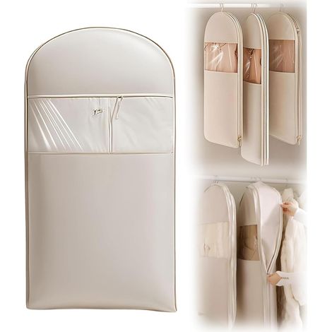 Sacs de Rangement sous Vide Suspendus pour vêtements, Housse sous Vide pour costumes, manteaux, vestes, organisateur de placard Sacs à Suspendre (Beige, M) (1/5)