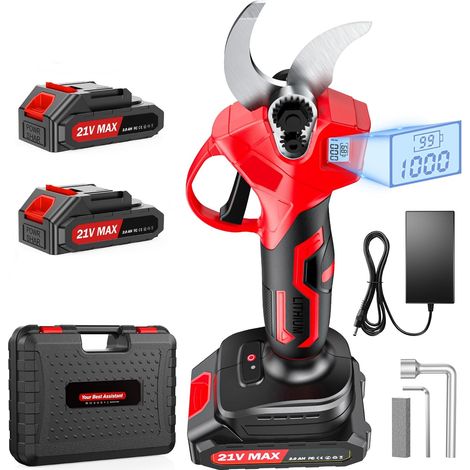 Sécateur électrique sans fil de 35 mm avec moteur brushless, sécateur de jardin avec écran LCD, 2 batteries 21 V 2000 mAh et lame en acier SK5, puissant coupe-branches pour arbres, jardin (1/5)