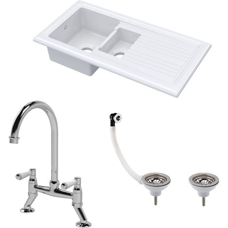 Fireclay Kitchen Bundle - 1.5 Bowl Sink & Drainer with Waste & Bridge Lever Mixer Tap, 1010mm - Chrome (1/4)
