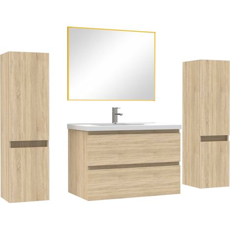 Ensemble meubles Salle de Bain avec colonne + miroir mural 80cm meuble Chêne Wotan