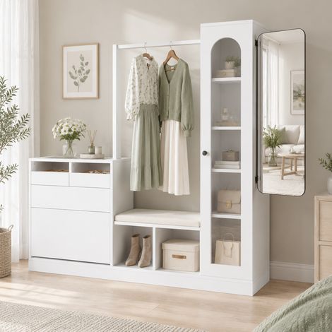 Conjunto de muebles de entrada 6 en 1 con LED, espejo, zapatero y vitrina blanco OKMYHOME