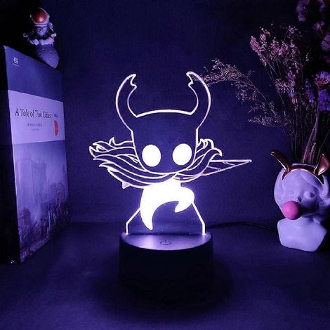 Veilleuse 3D, figurine Hollow Knight, dessin de joueur, gravure laser sur acrylique, éclairage LED vers le haut, lampe de bureau avec capteur. (1/5)