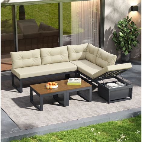 Salón de jardín esquinero beige, respaldo 3 posiciones, almacenamiento, DESVIAE (1/5)