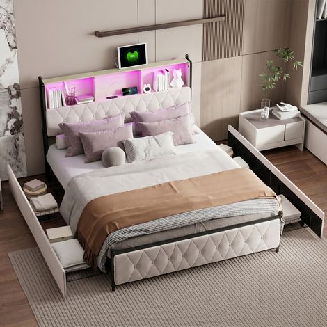 Polsterbett 140x200 cm, Doppelbett mit LED-Beleuchtung und USB, Modernes Jugendbett mit Stauraum, Bettgestell mit Kopfteil und Lattenrost, Velour Beige, Ohne Matratze