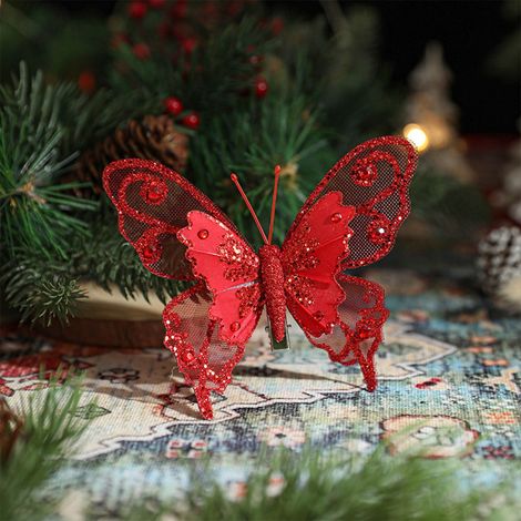 Papillon Décor Noël - Ornements Accrochés Arbre À Glitter Rouge - Décoration Festive Mur Porte Plafond - Lot De 3 (1/5)