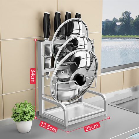 Porte-couvercles et porte-couteaux 2 en 1 en acier inoxydable 304, organisateur de cuisine multifonctionnel, couleur authentique, avec 1 emplacement pour couteau. (1/3)