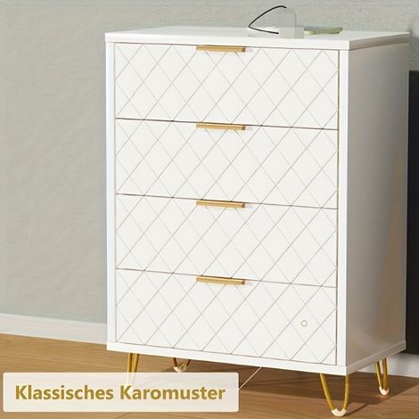 Commode 76cm avec 4 Tiroirs en bois, Commode chambre avec Poignées en Métal, pieds dorés, Scandinave - Blanc, Lot de Tables de Chevet avec Station de Charge (1/5)
