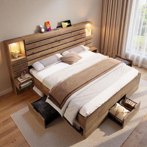 Lit Double en Bois 160x200 avec Spots LED,Port USB+Type-C,Niche éclairée,Tables de Chevet suspendues,tiroirs,Cadre de lit 160x200 avec sommier à Lattes,Couleur chêne (1/5)