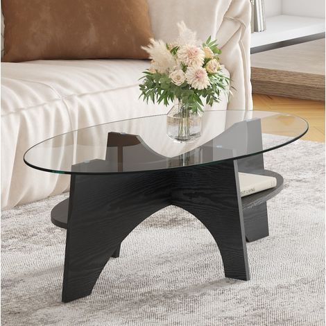 Mesa de centro 104.9x60x35.6 cm negra y transparente de MDF y vidrio con diseño ovalado y base en abanico (1/5)