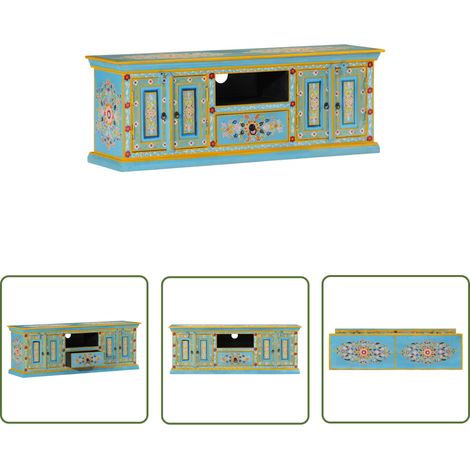 The Living Store Meuble TV bleu 110x30x40 cm bois massif de manguier - Meuble Tv Retro - Meuble Tv Bois - Meuble Tv Design - Meubles Tv Vintage - Armoire Multimedia (1/5)