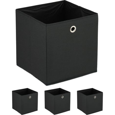 Relaxdays Cajas Almacenaje Plegables Asas Redondas, Set 4, 30 x 30 x 30 cm, Cajones de Tela, Cestos para Repisas, Negro