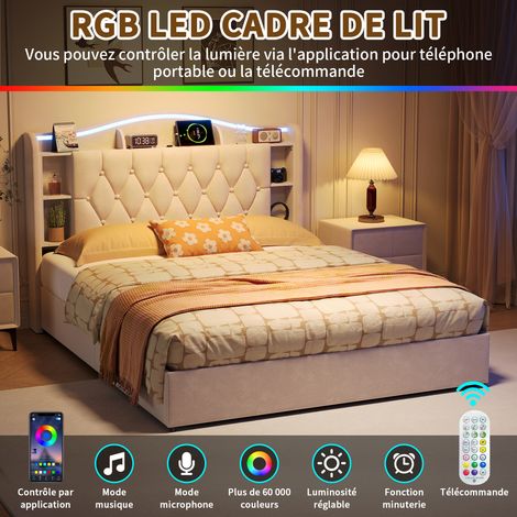 Lit Coffre 140x190 cm avec Éclairage LED et Prise USB, lit Double Hydraulique avec Étagères Ouvertes et Rangement Caché, Cadre de lit 2 Personnes avec Sommier à Lattes, sans Matelas, Velours, Beige (1/4)