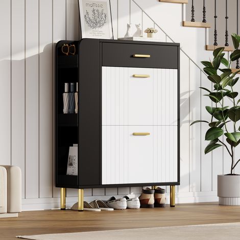 Zapatero de MDF y tablero de partículas blanco/negro, 2 puertas abatibles, 1 cajón, 3 huecos abiertos, 80 x 24 x 105 cm (1/5)