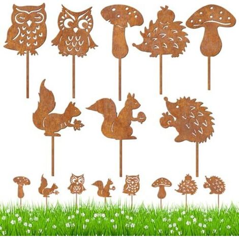 Dog's Booty Set of 8 Rusty Metal Garden Stakes – Autumn Decoration – Owl – Hedgehog – Squirrel – Mushroom – Garden Decoration for Flower Pots, Balcony, Yard, Fence, Lawn