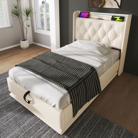 Letto imbottito 90x200 cm bianco in PU con LED, USB-C, contenitore e materasso (1/5)