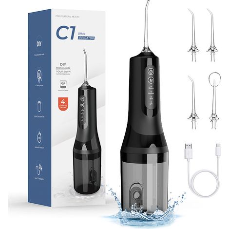 Hydropulseur Jet Dentaire, Irrigateur Oral Portable 260 ML avec 4 Buses et 4 Modes, USB Rechargeable Étanche IPX7, Portable Water Flosser Pour La Maison et Les Voyages. Noir (1/5)