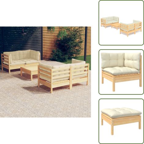 5-tlg. Garten-Lounge-Set mit Creme Kissen Kiefernholz - Gartensessel - Gartenloungesessel - Kiefernholz Möbel - Outdoor Furniture - Loungeset (1/5)