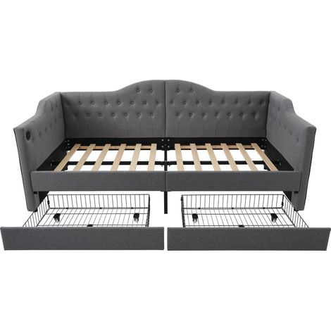 Divano letto imbottito grigio in lino 90 x 190 cm con 2 cassetti e porte USB Type-C (1/5)