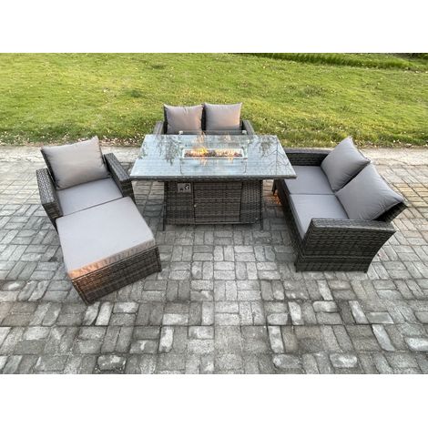 Fimous Rattan Outdoor Garden Furniture Gas Fire Pit Table Sets Gas Heater with Double Seat Sofa Armchair Big Footstool 6 Seater Dark Mixed Grey (1/5)