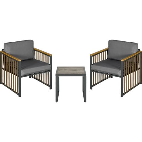 Ensemble meuble de jardin 3 pièces, 1 table basse + 2 chaises, adapté pour patio et balcon, meuble extérieur design moderne