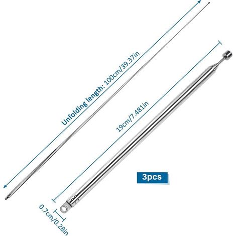 3-teiliges Set aus 100 cm langen, 7-teiligen Teleskopantennen, tragbare FM-Teleskopantenne für TV-, DAB-, AM/FM-Stereoempfang (1/5)