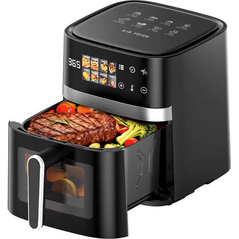 Air fryer sans huile 5,5L 1350W 8 en 1, friteuse à air chaud électrique avec écran LED, fenêtre de visualisation, cuisson à 200°C, mini four multifonction noir