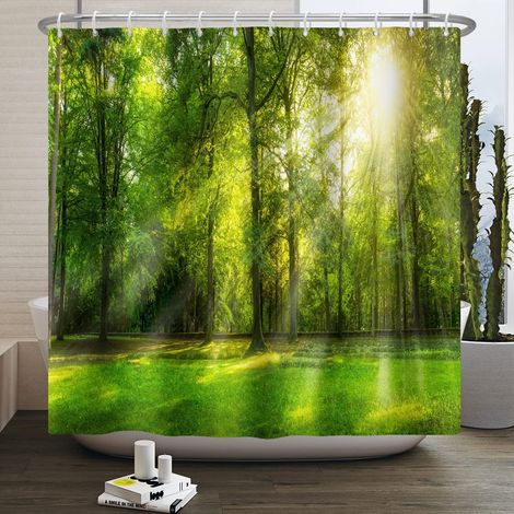 120x180cm Rideau Douche Vert forêt Droite Grand Arbre ensoleillé Fascinant Paysage Naturel Rideau de Baignoire Printemps Outdoor Scenic Rideau de Douche Salle de Bains Rideau décoratif Crochet (1/5)