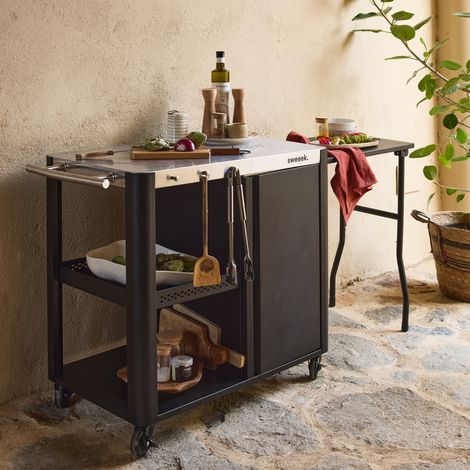 Sweeek – Desserte de jardin en acier inoxydable noir mat – Tablette rabattable – 4 roues pour un déplacement facile – Dimensions L 156 x l 49.5 x H 80 cm