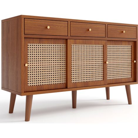 Credenza con 3 cassetti e 3 ante in rattan MDF color noce 120x40x78 cm HOMVRA (1/5)