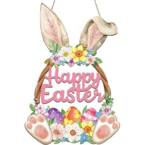 Decorazione pasquale in legno per porta - Coniglietto con scritta "Buona Pasqua" - Decorazione con fiori e uova di Pasqua (1/2)