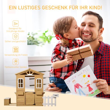 Cabane en bois pour enfants, chalet de jardin avec porte vitrée, fenêtre, bac à fleurs, boîte à lettres et banc pour 3-6 ans.