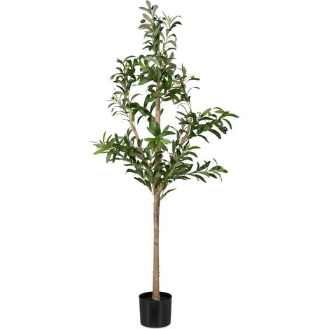 Relaxdays Albero di Ulivo Finto, Pianta Artificiale Olivo H: 150 cm, Plastica e Pietra, Piantina Interni, Verde Marrone