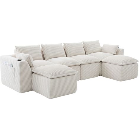 Modulares Sofa 4-Sitzer mit Seitentaschen, Kissen und Fußhockern, Cord Beige (1/5)