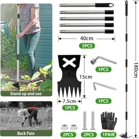 Désherbeur Manuel Long Manche 180 cm 2 en 1 Râteau et Houe de Jardin pour Arracher Mauvaises Herbes Cour Pelouse Terrasse (1/5)