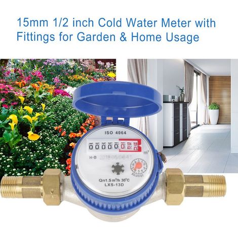 Compteur d'eau froid 15mm 1/2 pouce avec raccords pour jardin et maison, usage domestique et extérieur. (1/5)