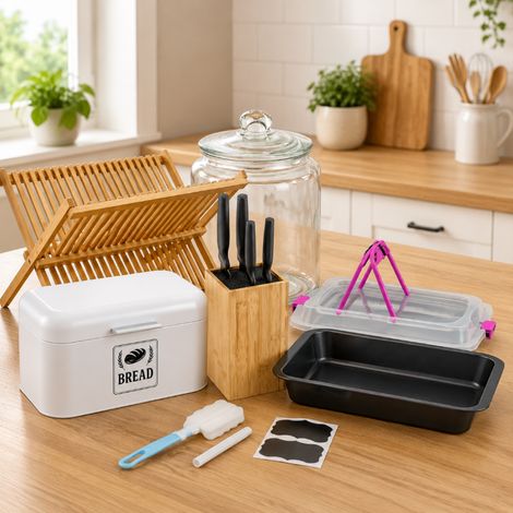 Family Baking Kitchen Set (5-Piece) – Baking Tray, Dish Rack, Bread Bin, Glass Jar & Knife Block (1/5)