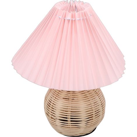 Lampe de Table plissée, abat-jour en lin jaune clair, Base en rotin, chevet pour chambre à coucher, rose