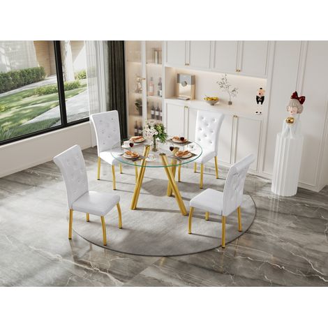 Set da pranzo 5 pezzi rotondo in vetro temperato con 4 sedie bianche imbottite (1/5)