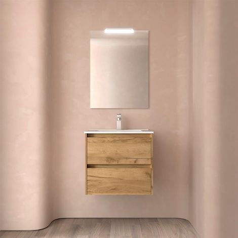 Meubles de salle de bains NOJA 700 2 tiroirs CHÊNE D'AFRIQUE + Plan vasque + Miroir (1/2)