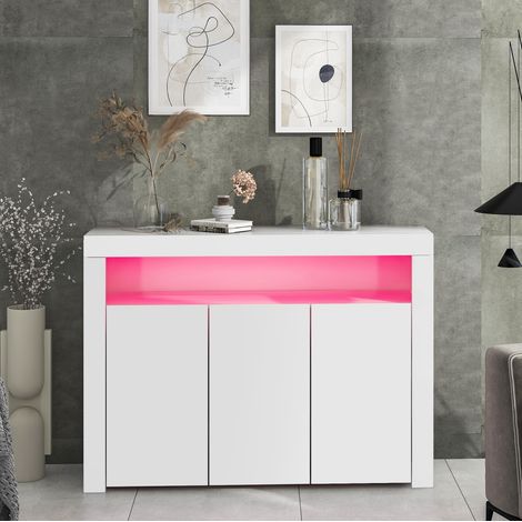 Aparador de aglomerado blanco brillo 130 x 35 x 95 cm, 3 puertas, 3 baldas regulables, LED USB (1/5)