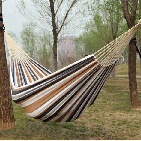 Double couleur café 260150 Hamac simple en toile, rayé épais, pour le camping en extérieur, avec panier de suspension amovible et lavable. (1/5)