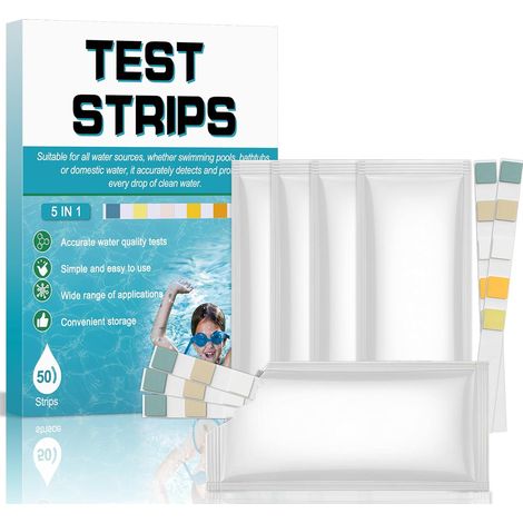 Bandelettes de test 5 en 1 pour spas, 50 unités. Détection rapide du pH, de l'alcalinité totale, de la dureté totale, du chlore libre et du brome (1/5)
