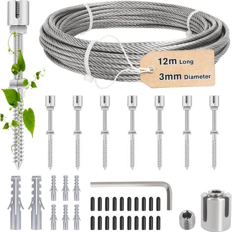 12m Stainless Steel Climbing Plant Stake Kit 8 Supports and Wire 3 mm for Roses, Vines and Tomatoes, Trellis System for Garden, Wall, Fence and Pergola (1/5)