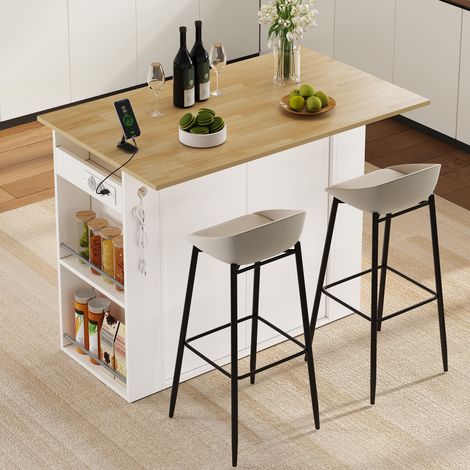 Isla de cocina con encimera abatible y puertos USB, 120 x 75 x 97 cm, MDF blanco REDOM (1/5)