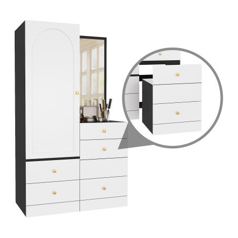 Combinazione multifunzionale di toeletta e armadio con sgabello estraibile, specchio a figura intera, cassetti divisi per il trucco, mobile contenitore per la camera da letto in MDF, maniglie rotonde (1/5)