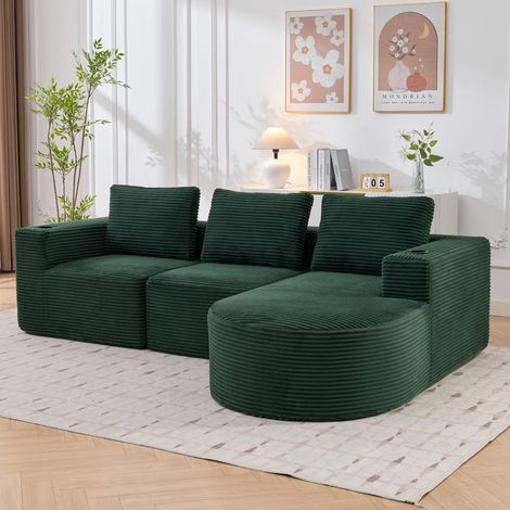 Canapé 265x176x60 cm vert rétro en polyester rembourré avec 3 coussins et 2 porte-gobelets (1/5)