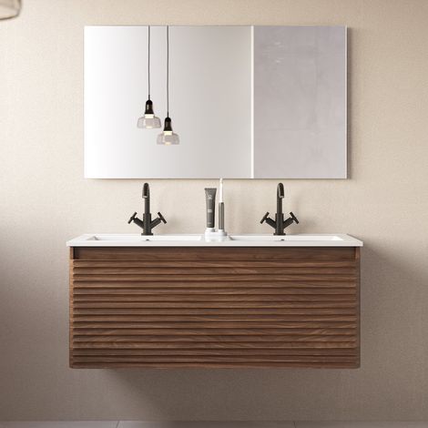 Meuble de salle de bain 120cm double vasque - 2 tiroirs - noyer (bois foncé) - SUZA